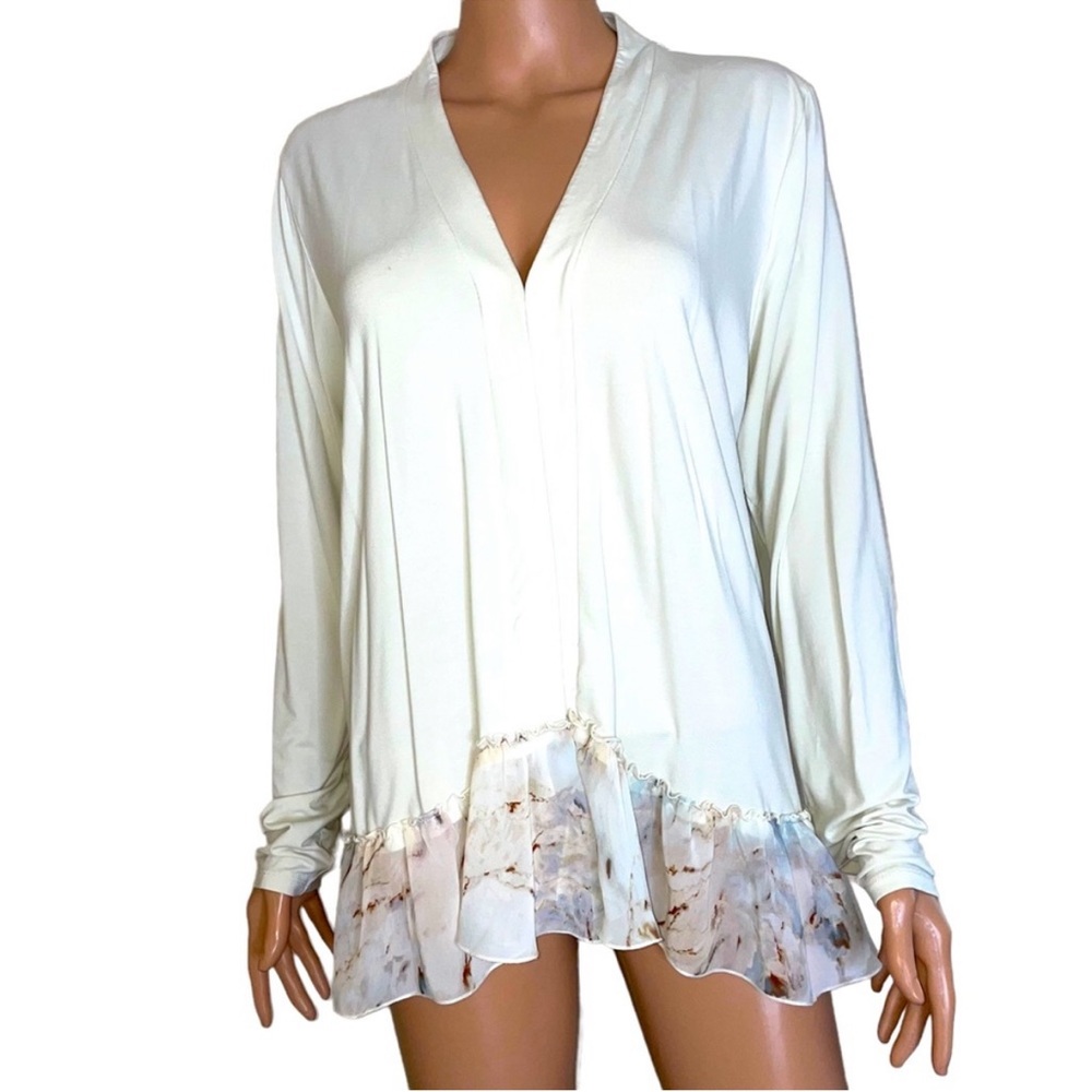 LOGO by Lori Goldstein Rayon Cardigan with Printed Ruffle Trim Long Slee… - Picture 3 of 14